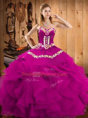 Pretty Fuchsia Lace Up Quinceanera Gowns Embroidery and Ruffles Sleeveless Floor Length