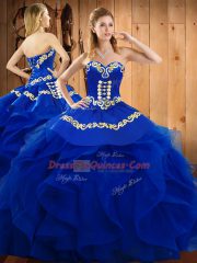 Deluxe Blue Lace Up 15th Birthday Dress Embroidery and Ruffles Sleeveless Floor Length