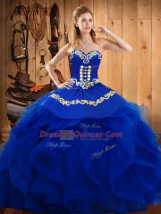Deluxe Blue Lace Up 15th Birthday Dress Embroidery and Ruffles Sleeveless Floor Length