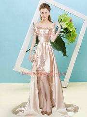 Champagne Off The Shoulder Lace Up Sequins Short Sleeves