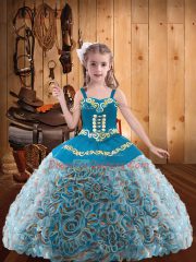 Simple Fabric With Rolling Flowers Straps Sleeveless Lace Up Embroidery and Ruffles Child Pageant Dress in Multi-color