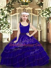Perfect Blue Zipper Little Girls Pageant Dress Wholesale Beading and Embroidery and Ruffled Layers Sleeveless Floor Length