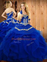 Blue Ball Gowns Embroidery and Ruffles Sweet 16 Dresses Lace Up Organza Sleeveless Floor Length