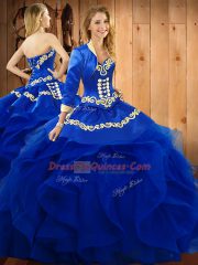 Blue Ball Gowns Embroidery and Ruffles Sweet 16 Dresses Lace Up Organza Sleeveless Floor Length
