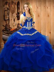 Blue Ball Gowns Embroidery and Ruffles Sweet 16 Dresses Lace Up Organza Sleeveless Floor Length