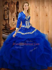 Blue Ball Gowns Embroidery and Ruffles Sweet 16 Dresses Lace Up Organza Sleeveless Floor Length