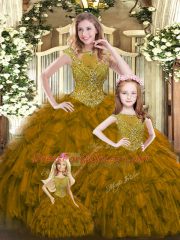 High End Brown Ball Gowns Beading and Ruffles Quinceanera Dress Lace Up Organza Sleeveless Floor Length