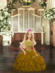 High End Brown Ball Gowns Beading and Ruffles Quinceanera Dress Lace Up Organza Sleeveless Floor Length