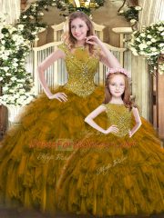 High End Brown Ball Gowns Beading and Ruffles Quinceanera Dress Lace Up Organza Sleeveless Floor Length