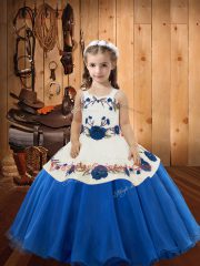 Blue Ball Gowns Embroidery High School Pageant Dress Lace Up Organza Sleeveless Floor Length