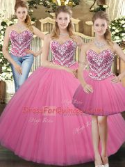 Trendy Sweetheart Sleeveless Quinceanera Dresses Floor Length Beading Rose Pink Tulle