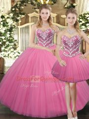 Trendy Sweetheart Sleeveless Quinceanera Dresses Floor Length Beading Rose Pink Tulle