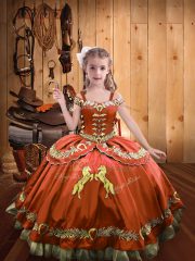 Rust Red Pageant Dresses Sweet 16 and Quinceanera with Beading and Embroidery Off The Shoulder Sleeveless Lace Up