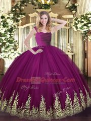 Fabulous Fuchsia Ball Gowns Straps Sleeveless Tulle Floor Length Zipper Lace and Appliques Quinceanera Gown