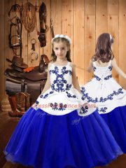 Blue Organza Lace Up Little Girls Pageant Dress Wholesale Sleeveless Floor Length Embroidery