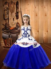 Blue Organza Lace Up Little Girls Pageant Dress Wholesale Sleeveless Floor Length Embroidery