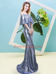 Blue Sequined Zipper Off The Shoulder Half Sleeves Floor Length Prom Dresses Sequins