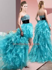 Modest Organza Sleeveless High Low Evening Dress and Beading and Ruffles