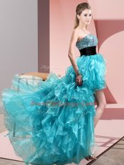 Modest Organza Sleeveless High Low Evening Dress and Beading and Ruffles