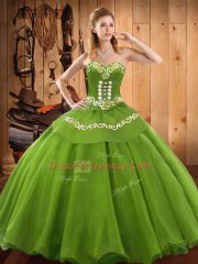 Floor Length Green Quinceanera Gown Satin and Tulle Sleeveless Embroidery