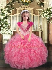 Coral Red Straps Neckline Beading and Ruffles Pageant Gowns For Girls Sleeveless Lace Up