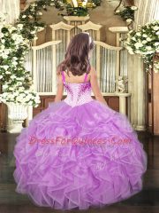 Coral Red Straps Neckline Beading and Ruffles Pageant Gowns For Girls Sleeveless Lace Up