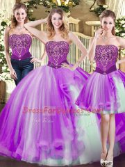 Eggplant Purple Lace Up Strapless Beading Sweet 16 Dress Tulle Sleeveless