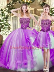 Eggplant Purple Lace Up Strapless Beading Sweet 16 Dress Tulle Sleeveless