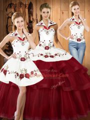 Spectacular Wine Red Sleeveless Sweep Train Embroidery and Ruffled Layers With Train Vestidos de Quinceanera