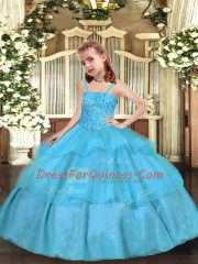 Aqua Blue Ball Gowns Beading and Ruffled Layers Little Girls Pageant Gowns Lace Up Organza Sleeveless Floor Length