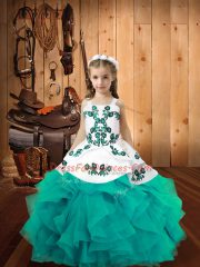 Adorable Floor Length Lace Up Pageant Dresses Aqua Blue for Sweet 16 and Quinceanera with Embroidery and Ruffles