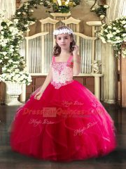 Straps Sleeveless Tulle Kids Formal Wear Beading and Ruffles Lace Up