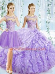 Popular Organza Sleeveless Quinceanera Dress Brush Train and Beading and Ruching and Pick Ups