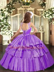 Affordable Lilac Ball Gowns Organza V-neck Sleeveless Beading and Ruffled Layers Floor Length Lace Up Little Girls Pageant Dress