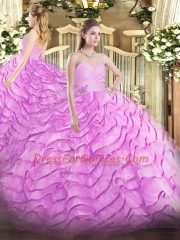 Discount Lace Up Ball Gown Prom Dress Lilac for Military Ball and Sweet 16 and Quinceanera with Beading and Ruffled Layers Brush Train