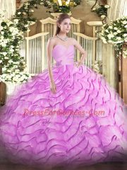 Discount Lace Up Ball Gown Prom Dress Lilac for Military Ball and Sweet 16 and Quinceanera with Beading and Ruffled Layers Brush Train