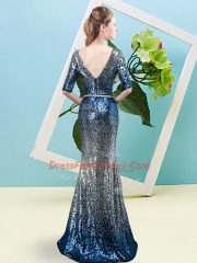 Beauteous Half Sleeves Sequined Floor Length Zipper Prom Evening Gown in Multi-color with Sequins and Belt