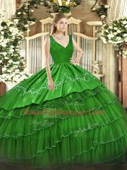 Luxury V-neck Sleeveless Quinceanera Dresses Floor Length Beading and Lace and Embroidery and Ruffled Layers Green Organza and Taffeta