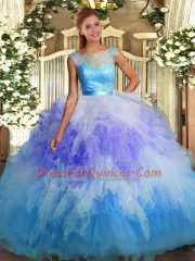 Multi-color Organza Backless Scoop Sleeveless Floor Length Ball Gown Prom Dress Ruffles