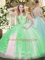 Unique Scoop Sleeveless Organza Vestidos de Quinceanera Lace and Ruffles Backless