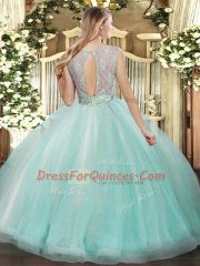 Unique Scoop Sleeveless Organza Vestidos de Quinceanera Lace and Ruffles Backless