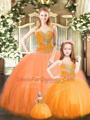 Orange Red Sleeveless Tulle Lace Up Quinceanera Dress for Military Ball and Sweet 16 and Quinceanera