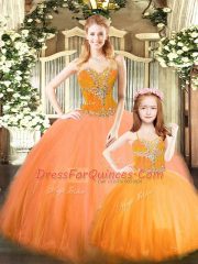 Orange Red Sleeveless Tulle Lace Up Quinceanera Dress for Military Ball and Sweet 16 and Quinceanera