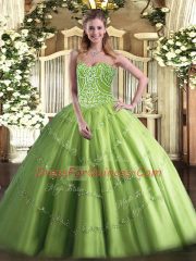 Vintage Beading Sweet 16 Dress Olive Green Lace Up Sleeveless Floor Length