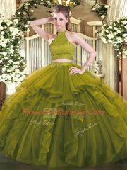 Classical Olive Green Sleeveless Organza Backless 15 Quinceanera Dress for Military Ball and Sweet 16 and Quinceanera