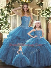 Beautiful Teal Organza Lace Up Sweetheart Sleeveless Floor Length Quinceanera Dress Beading and Ruffles