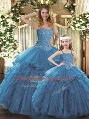 Beautiful Teal Organza Lace Up Sweetheart Sleeveless Floor Length Quinceanera Dress Beading and Ruffles
