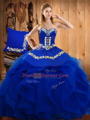 Blue Sleeveless Floor Length Embroidery and Ruffles Lace Up Sweet 16 Dress