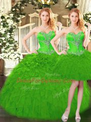 Adorable Sleeveless Organza Floor Length Lace Up Quinceanera Gowns in Green with Beading and Ruffles