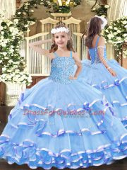 Aqua Blue Organza Lace Up Pageant Dresses Sleeveless Floor Length Beading and Ruffled Layers